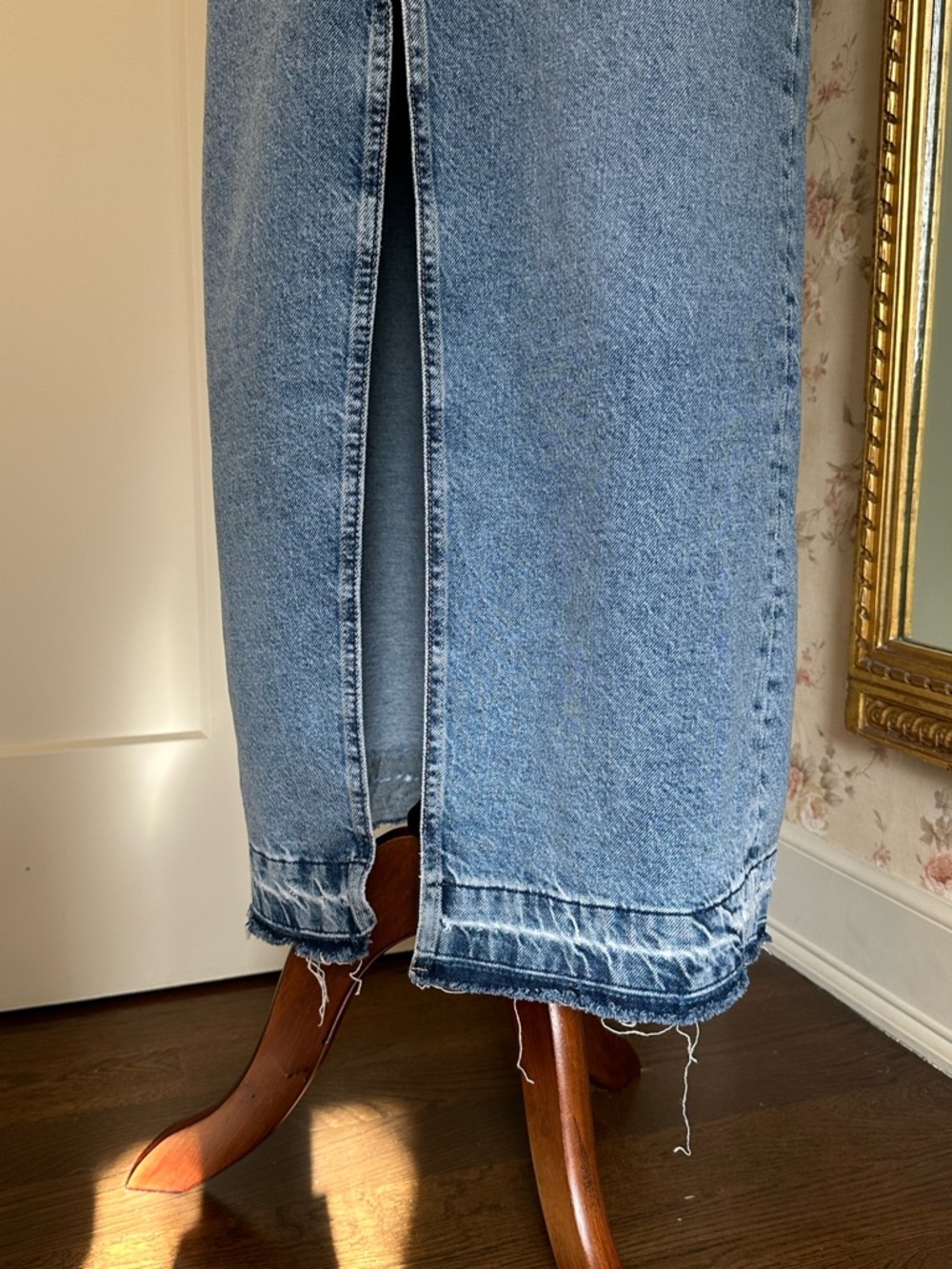 Zara TRF Long Denim Skirt Size S 100% Cotton High Rise Distressed Raw Hem Slit - Picture 5 of 11